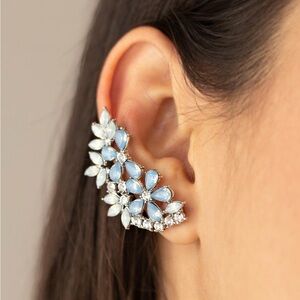 Elegant Silver and Blue Floral Ear Crawlers